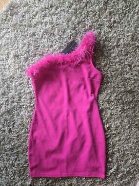One-Shoulder Hot Pink Feather Trim Mini Dress